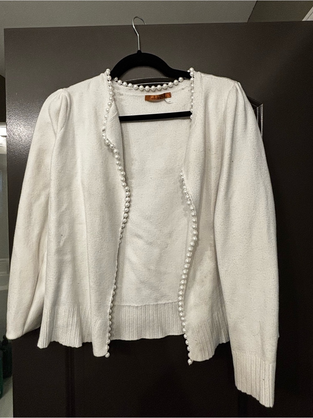 Belldini White Pearl-Trim Open Front Cardigan